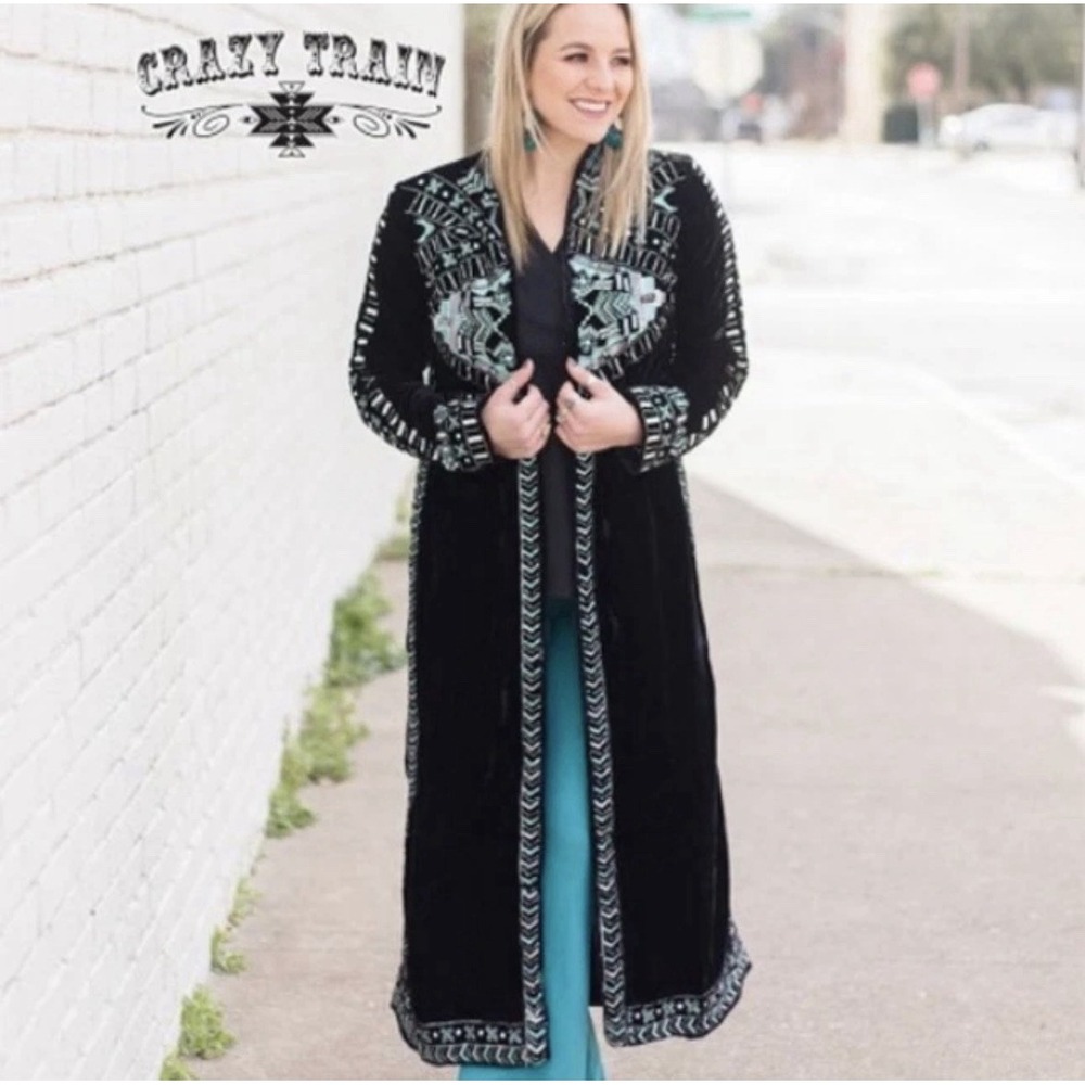 Crazy Train Womens Med The Strait Velvet Sequins Duster Jacket Black Turquoise